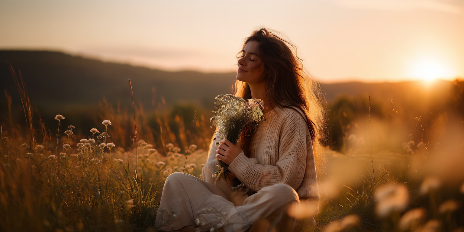 Woman relaxing in a sunlit wildflower meadow at sunset