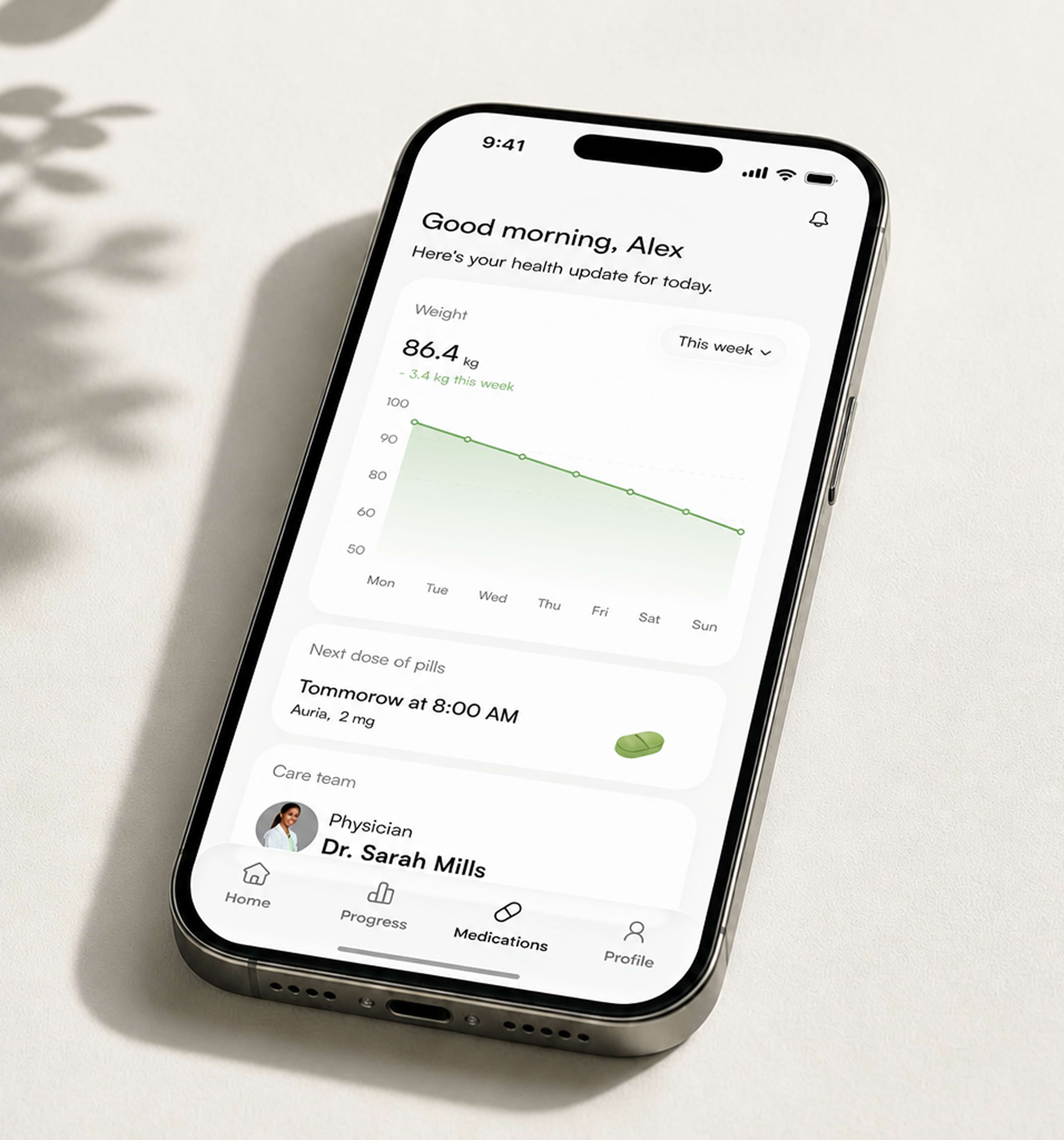 The Auria app showing your health update